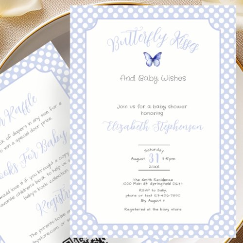 Double Sided Blue Butterfly Kisses Baby Wishes Invitation