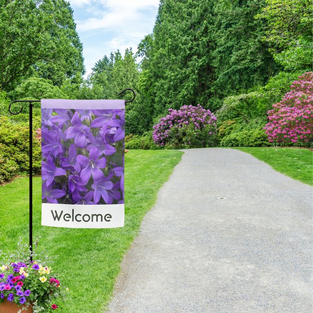 Double Sided Blue Flowers Welcome Garden Flag (A welcome flag for your garden, with blue campanula flowers picture and 'Welcome' in a modern font)