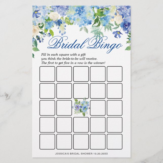 DOUBLE SIDED Blue Hydrangea Bridal Shower Game (Front)