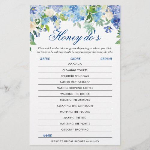 DOUBLE SIDED Blue Hydrangea Bridal Shower Game