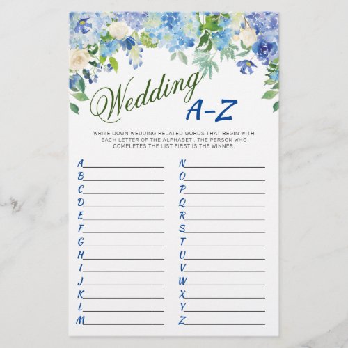 DOUBLE SIDED Blue Hydrangea Bridal Shower Game