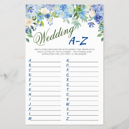 DOUBLE SIDED Blue Hydrangea Bridal Shower Game