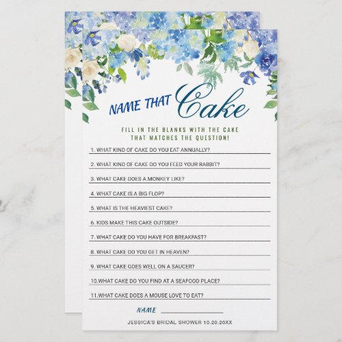 DOUBLE SIDED Blue Hydrangea Bridal Shower Game