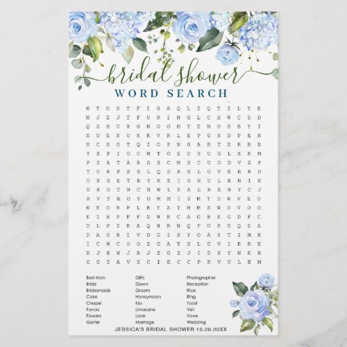 DOUBLE SIDED Blue Hydrangea Bridal Shower Game