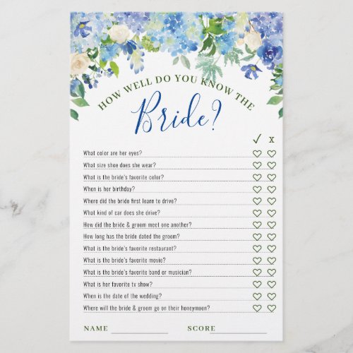 DOUBLE SIDED Blue Hydrangea Bridal Shower Game