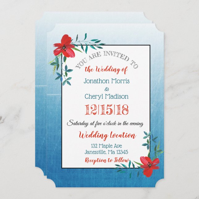 Double Sided Blue & Red Flower Wedding Invitation (Front/Back)