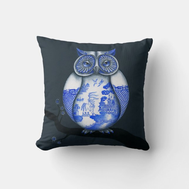 DOUBLE SIDED Blue Willow Siamese Cats AND Owl Throw Pillow (Front)