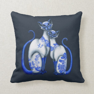 DOUBLE SIDED Blue Willow Siamese Cats AND Owl Throw Pillow