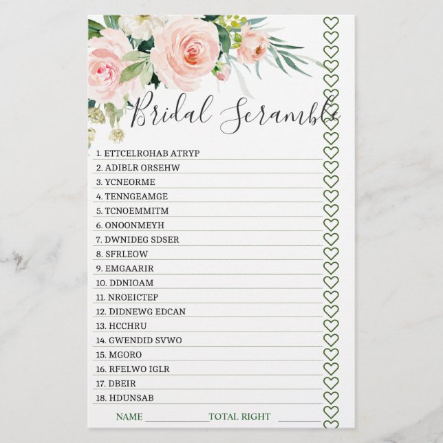 DOUBLE SIDED Blush Pink Flowers Bridal Shower Game (Front)