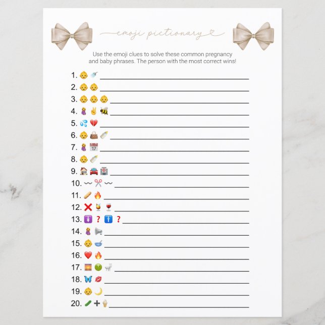 Double Sided Boho Bow Emoji Baby Shower Game Card (Front)
