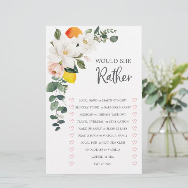 Double Sided Bridal Shower Game Magnolia Cirtrus (Standing Front)