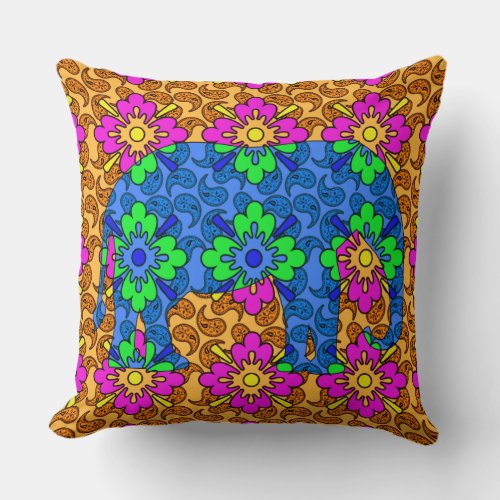 Double Sided Colorful Paisley Pattern Elephants Throw Pillow