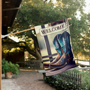 Double Sided Cowboy Boots on Porch Welcome House Flag
