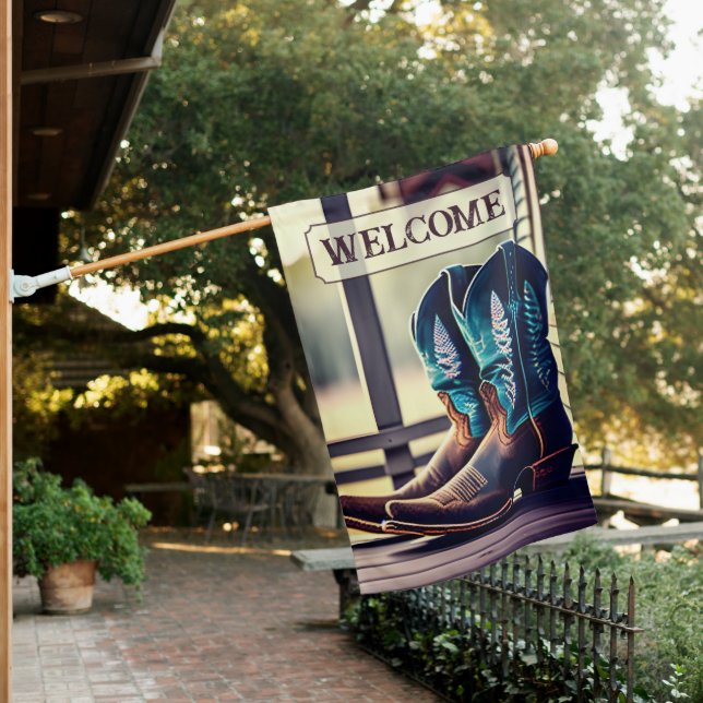  Double Sided Cowboy Boots on Porch Welcome  House Flag (In SItu)