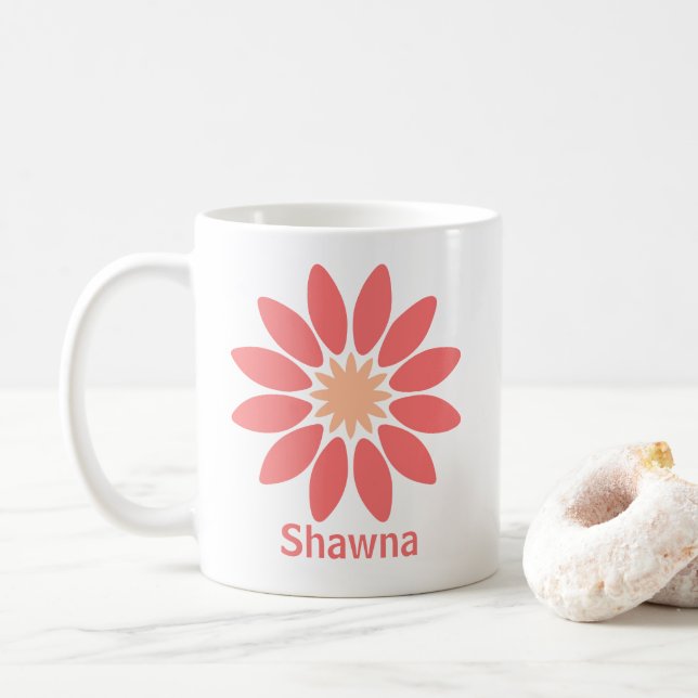 Double-Sided Custom Text and Stylized Coral Daisy Coffee Mug (With Donut)