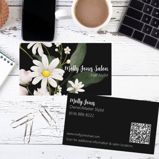Double Sided Daisies on Black with QR Code Business Card (Creator Uploaded)