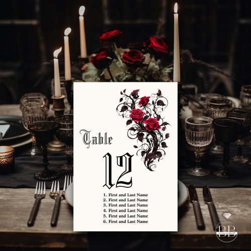 Double Sided Dark Gothic Crimson Rose  Table Number
