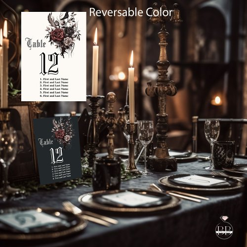 Double Sided Dark Gothic Rosewood Floral Raven Table Number