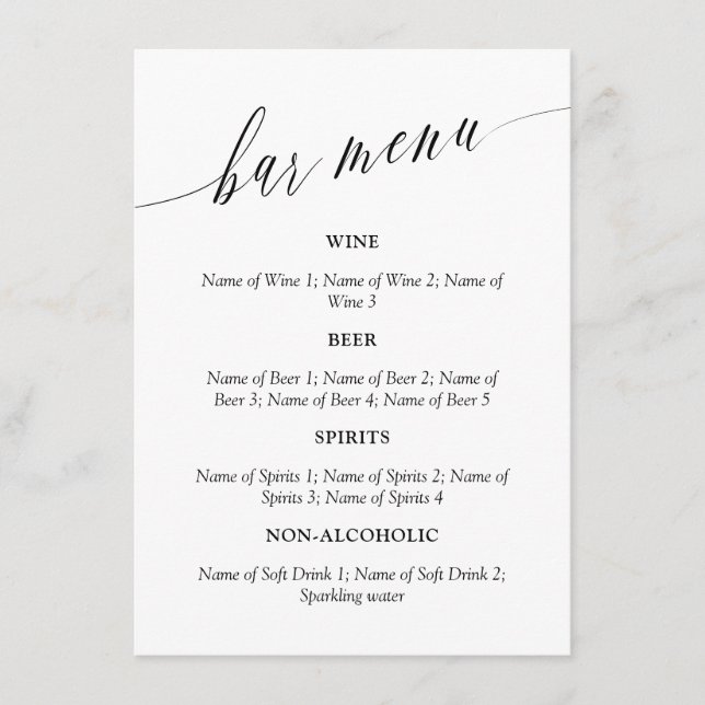 Double Sided Delicate Calligraphy Wedding Bar Menu (Front)