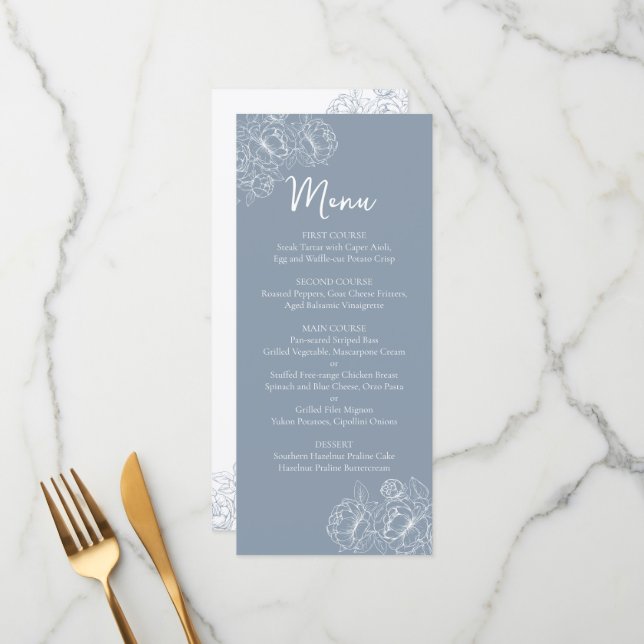 Double-Sided Dusty Blue Boho Floral Wedding Drink+ Menu (Front/Back In Situ)