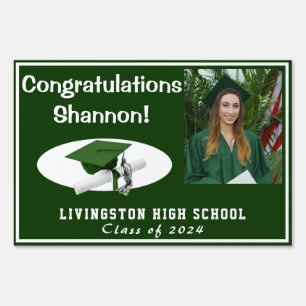 Double-Sided Green & White Graduation Photo Yard Sign