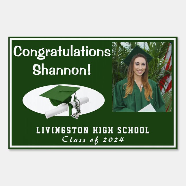 Double-Sided Green & White Graduation Photo Yard Sign (Front)