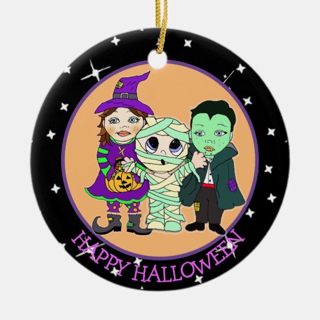 Double Sided Halloween Kids and Bats Keepsake Ceramic Ornament (Front)
