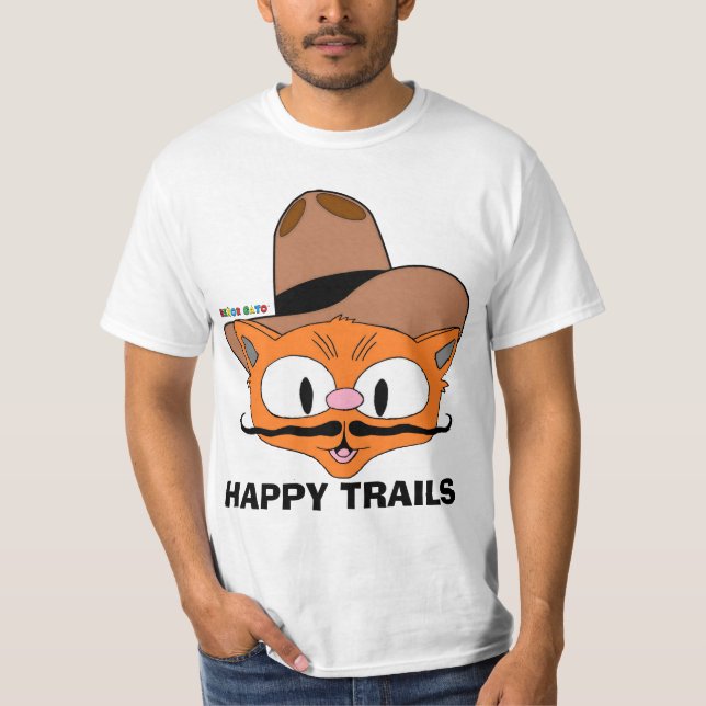 Double Sided HAPPY TRAILS Cartoon Mustache Cat T-Shirt (Front)
