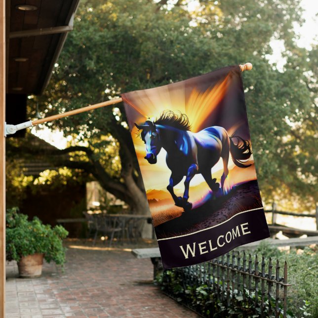 Double Sided Horse in Motion Welcome  House Flag (In SItu)