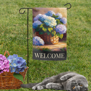 Double Sided Hydrangea in Basket Welcome Garden Flag