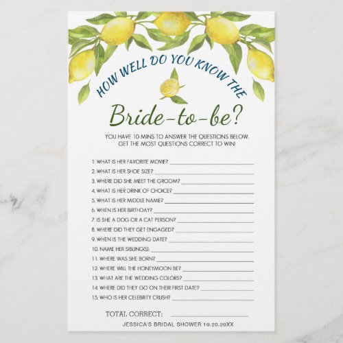 DOUBLE SIDED Lemons  Greenery Bridal Shower Game