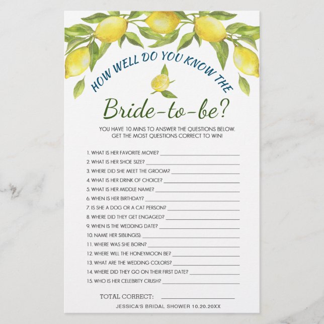 DOUBLE SIDED Lemons & Greenery Bridal Shower Game (Front)