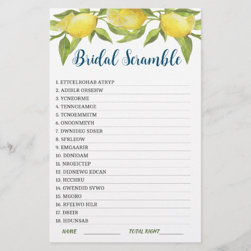 DOUBLE SIDED Lemons  Greenery  Bridal Shower Game