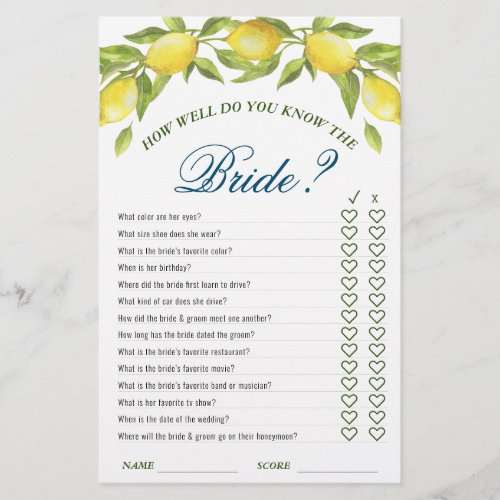 DOUBLE SIDED Lemons  Greenery Bridal Shower Game