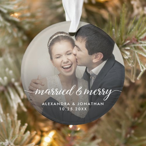 Double sided Married &amp; Merry Newlywed Custom Photo Ornament