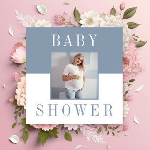Double sided minimal blue photo baby shower invitation