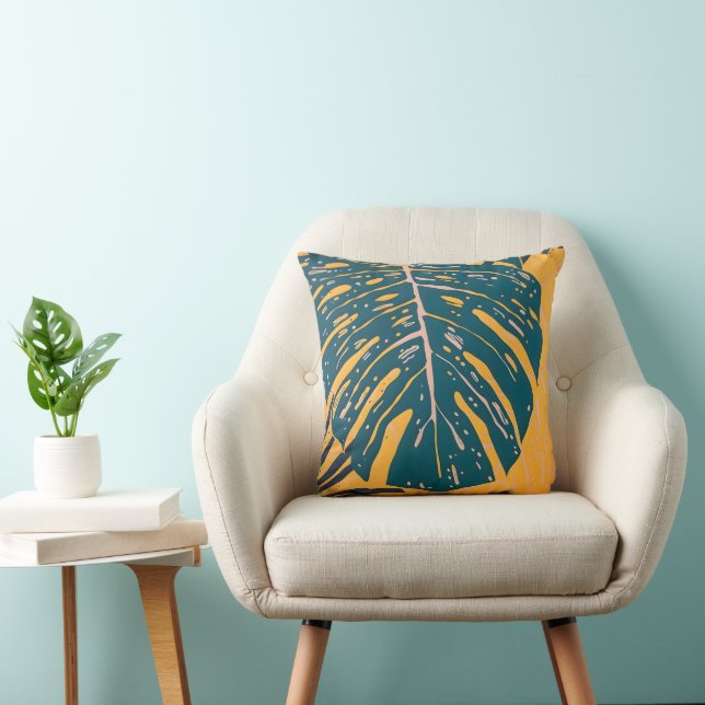Double Sided Modern Tropical Monstera Leaf Linocut Throw Pillow (Chair)