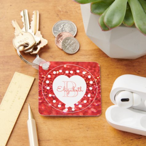 Double Sided Monogram Coral Glitter White Heart