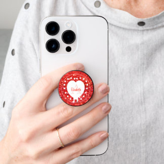 Double Sided Monogram Coral Glitter White Heart PopSocket
