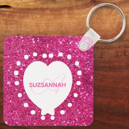 Double Sided Monogram Pink Glitter White Heart 