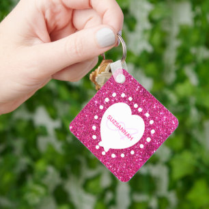 Double Sided Monogram Pink Glitter White Heart Keychain