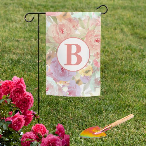 Double Sided Pastel Watercolor Roses Monogram  Garden Flag