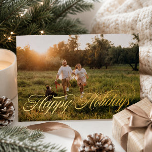 Double Sided Photo Gold Script Happy Holidays  Foil Holiday Card