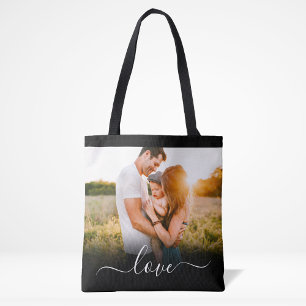 Double Sided Photo Love Text Black Carry Tote Bag