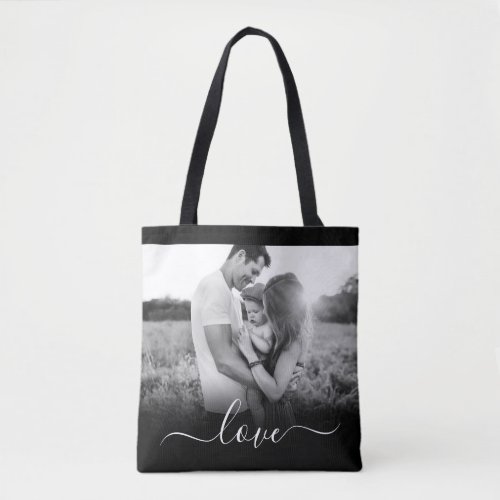 Double Sided Photo Love Text Black Carry Tote Bag