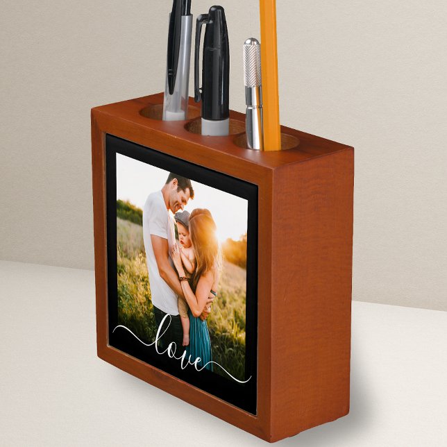 Double Sided Photo Template Love Text  Black Desk Organizer (Creator Uploaded)