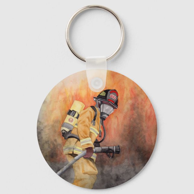 Double-sided Photo & Text  Firefighter Watercolor Keychain (Front)