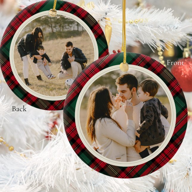 Double Sided Photos Elegant Green Red Plaid  Ceramic Ornament (Double Sided Photos Elegant Green Red Plaid Ceramic Ornament)