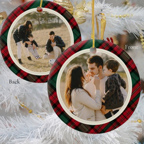 Double Sided Photos Elegant Green Red Plaid  Ceramic Ornament