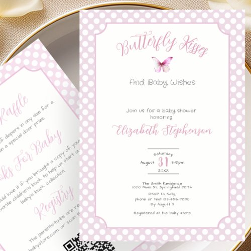 Double Sided Pink Butterfly Kisses Baby Wishes Invitation